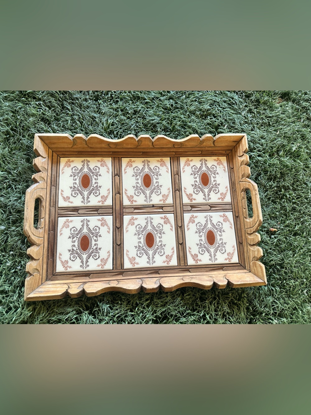 vintage Bohemian style 6-tile serving tray with a hand-carved wood frame